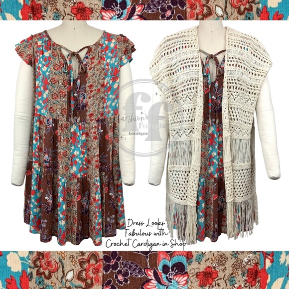 Blue B Patchwork Flutter Sleeve Floral Print Short Tiered Mini Swing Tunic Dress - Picture 4 of 15